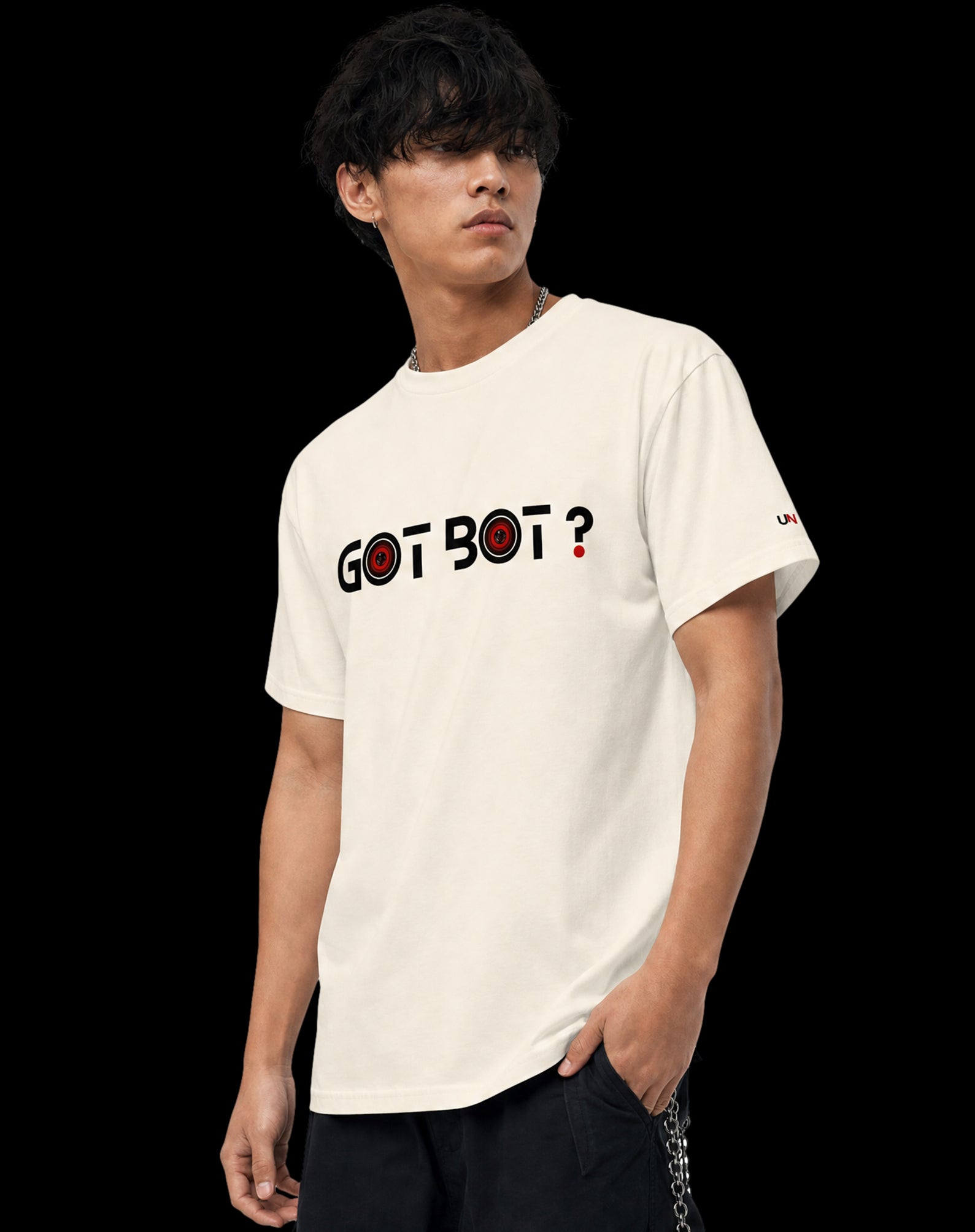 GOT BOT? graphic tee design detail — surveillance optics typography