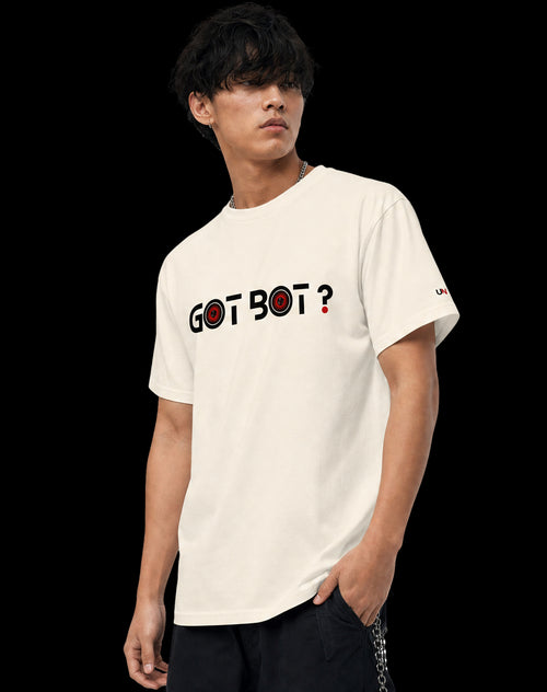 GOT BOT? graphic tee design detail — surveillance optics typography