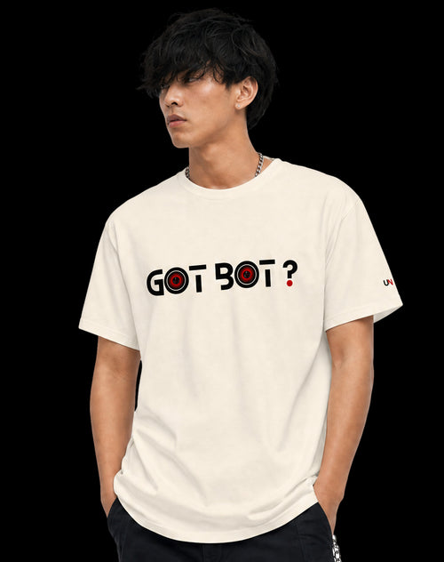 GOT BOT? graphic tee — styled product card, AI satire streetwear by Unprompted_