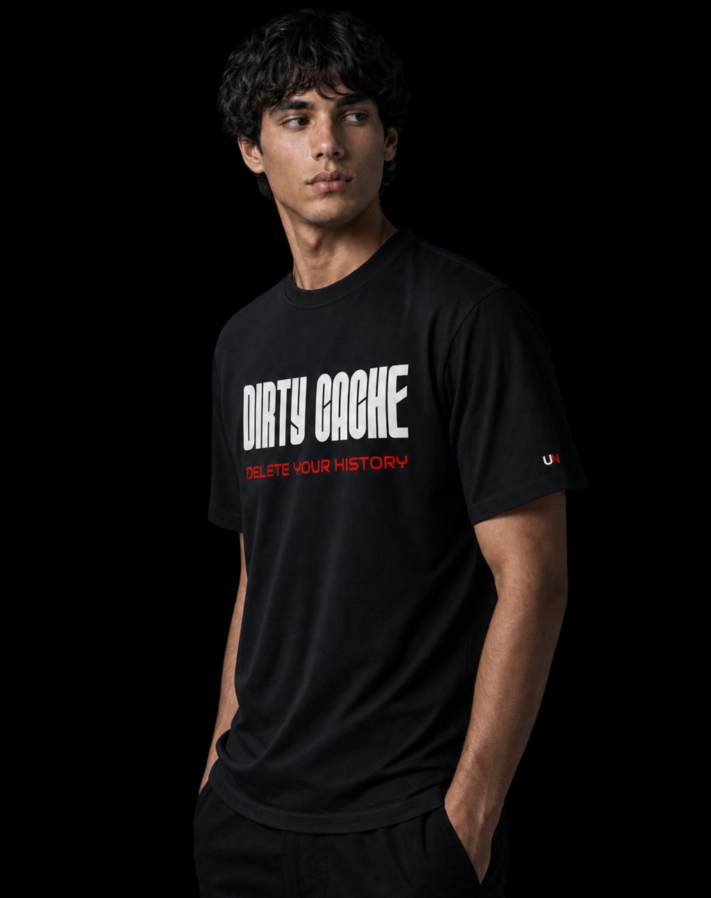 DIRTY CACHE DELETE YOUR HISTORY tee design detail — stacked typography with red command-line warning