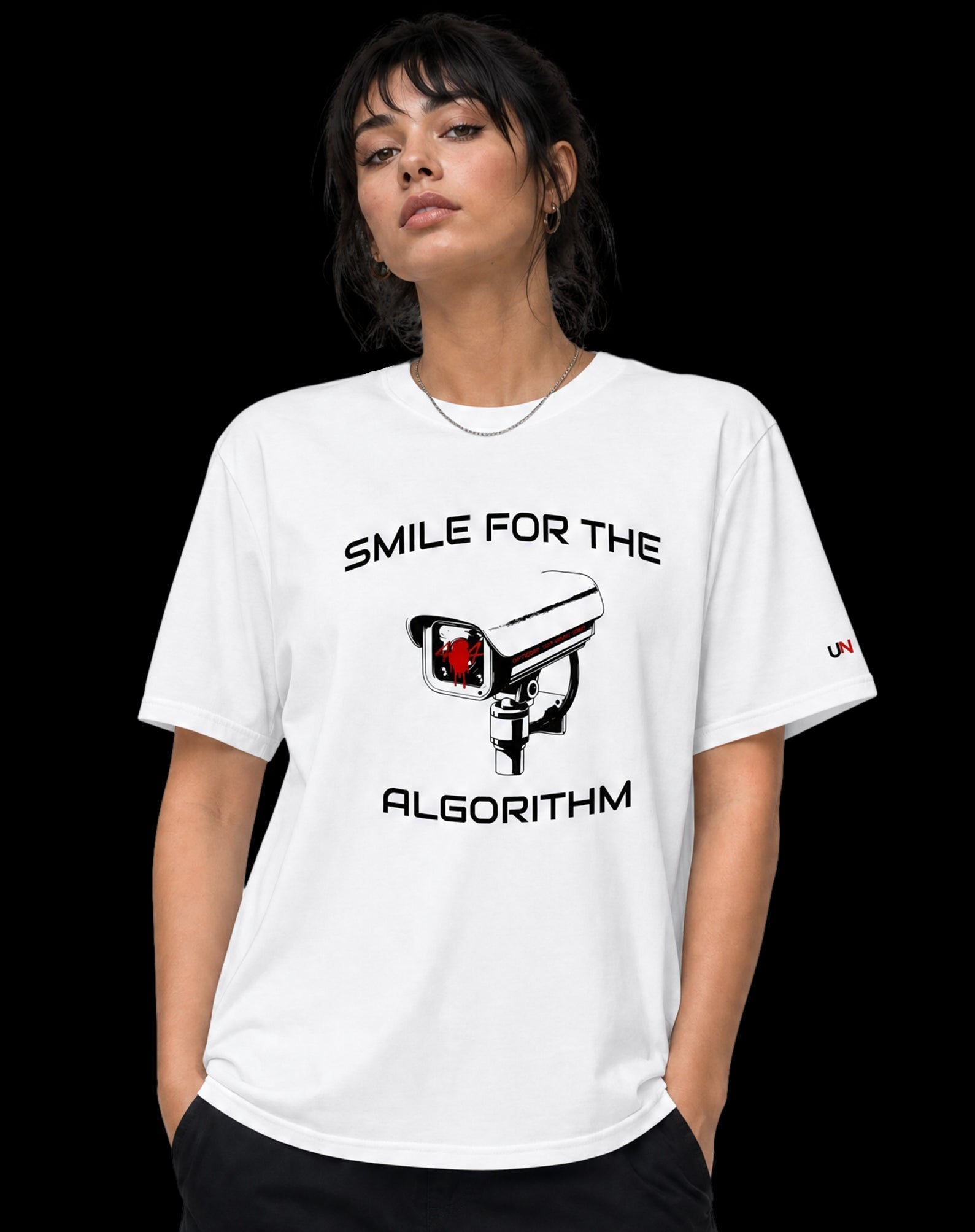 SMILE FOR THE ALGORITHM tee — styled product card, surveillance satire streetwear by Unprompted_