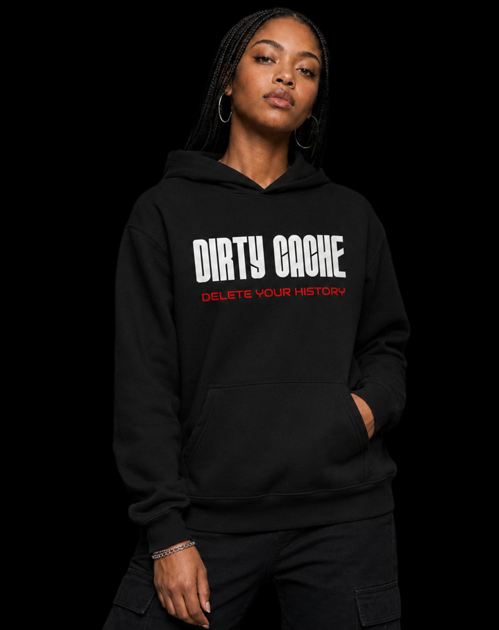 DIRTY CACHE DELETE YOUR HISTORY hoodie in black — styled product card, Unprompted_ streetwear