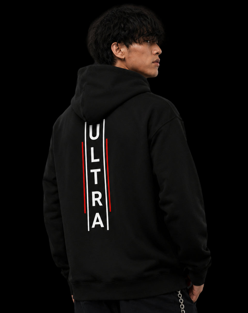 ULTRA Black Echo Protocol hoodie in black — styled model shot, vertical ULTRA backmark