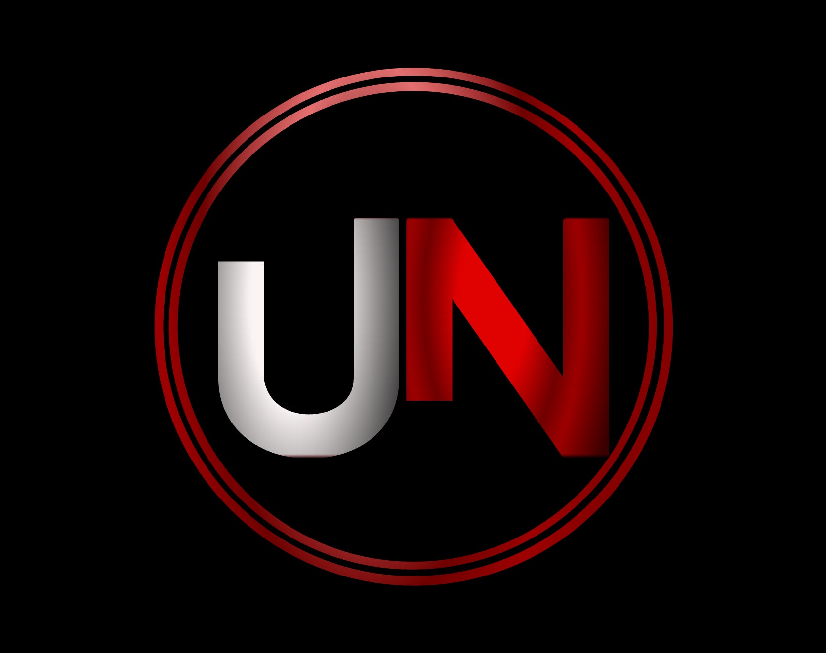 Logo with 'UN' letters, one white and one red, in a circular design on a black background.