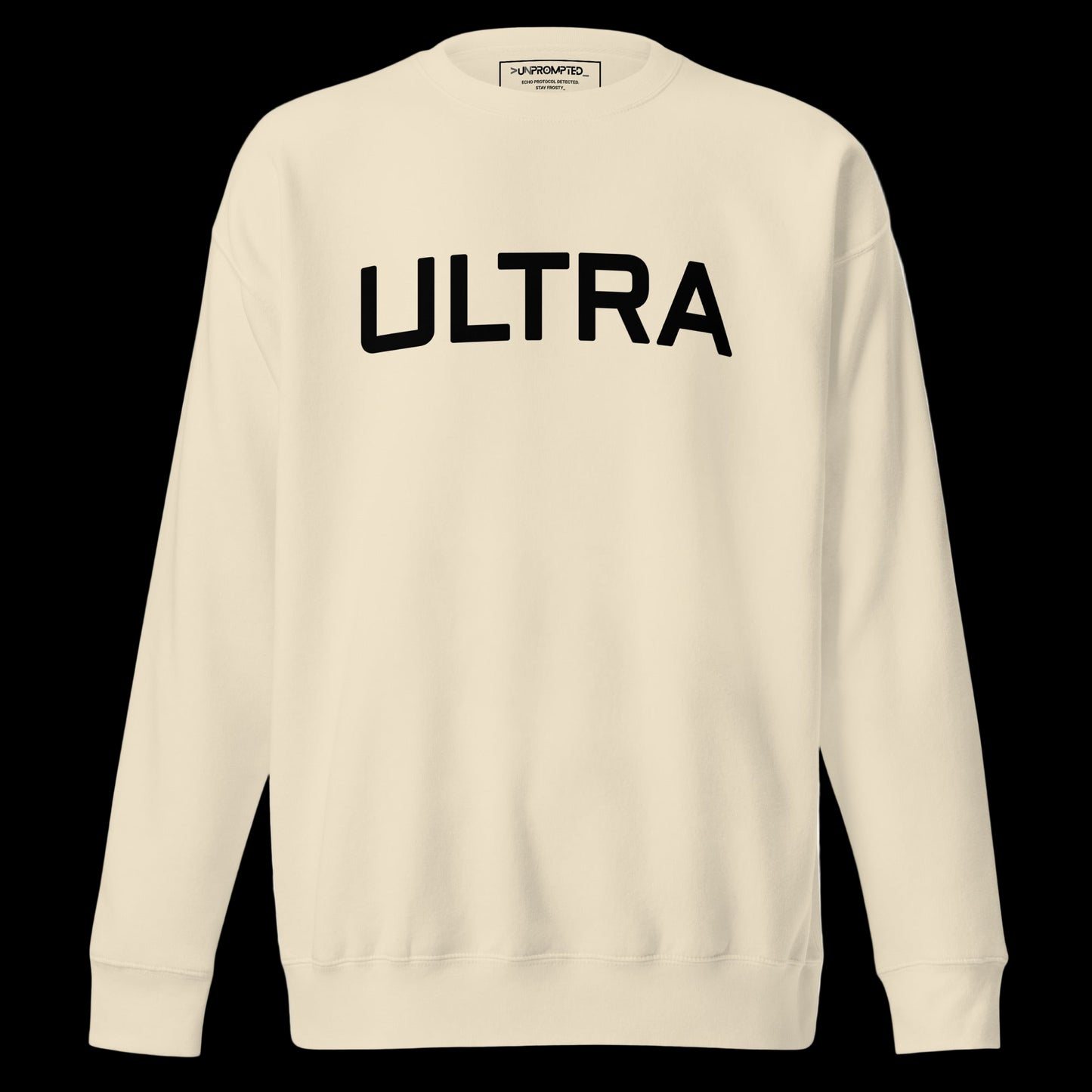 Beige sweatshirt with 'ULTRA' printed on the back against a white background