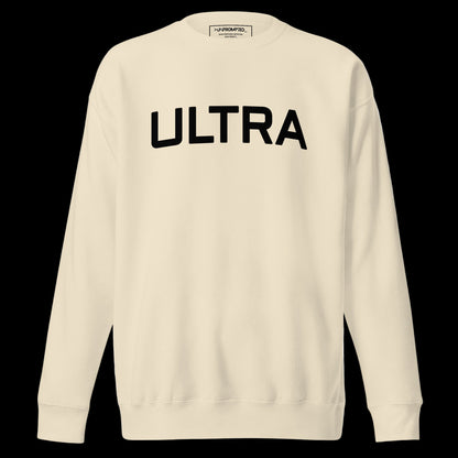 Beige sweatshirt with 'ULTRA' printed on the back against a white background
