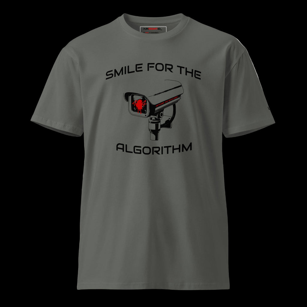 SMILE FOR THE ALGORITHM tee in charcoal — front view
