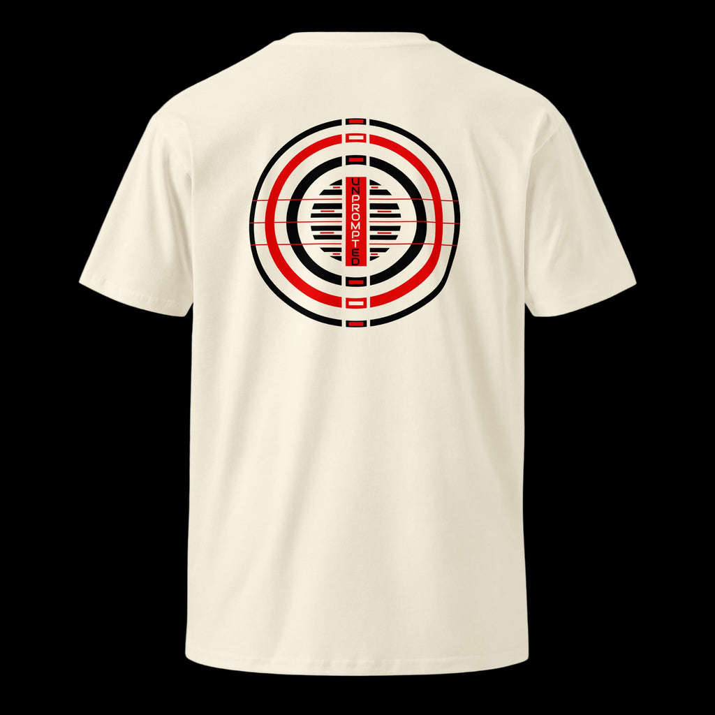 UNPROMPTED_ Targeted Logo Tee in natural — back view with target graphic