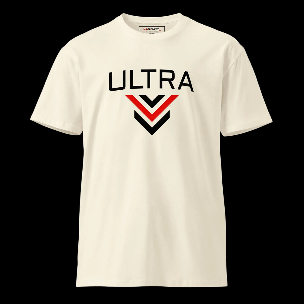 ULTRA Division Mark Tee in natural — front view with chevron insignia