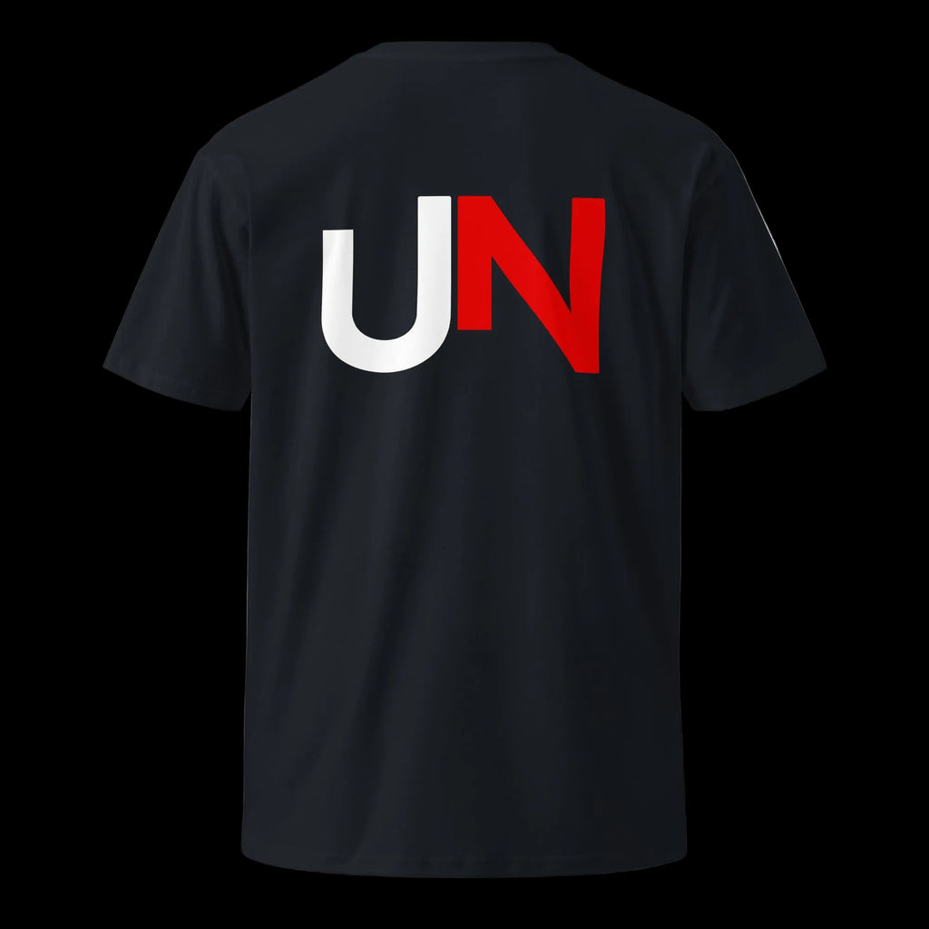 UNPROMPTED_ Core Identity Tee in navy — back view with UN stamp