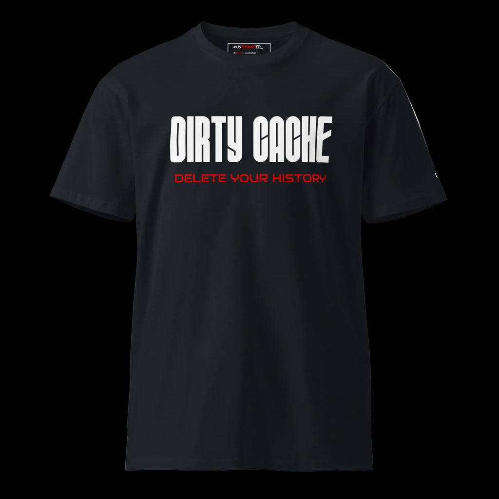 DIRTY CACHE DELETE YOUR HISTORY tee in navy — front view