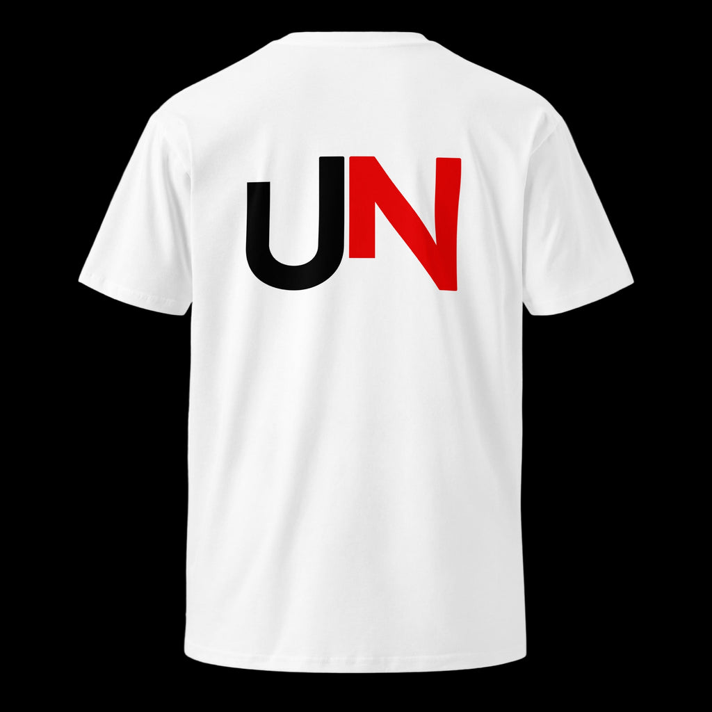 UNPROMPTED_ Core Identity Tee in white — back view with UN stamp